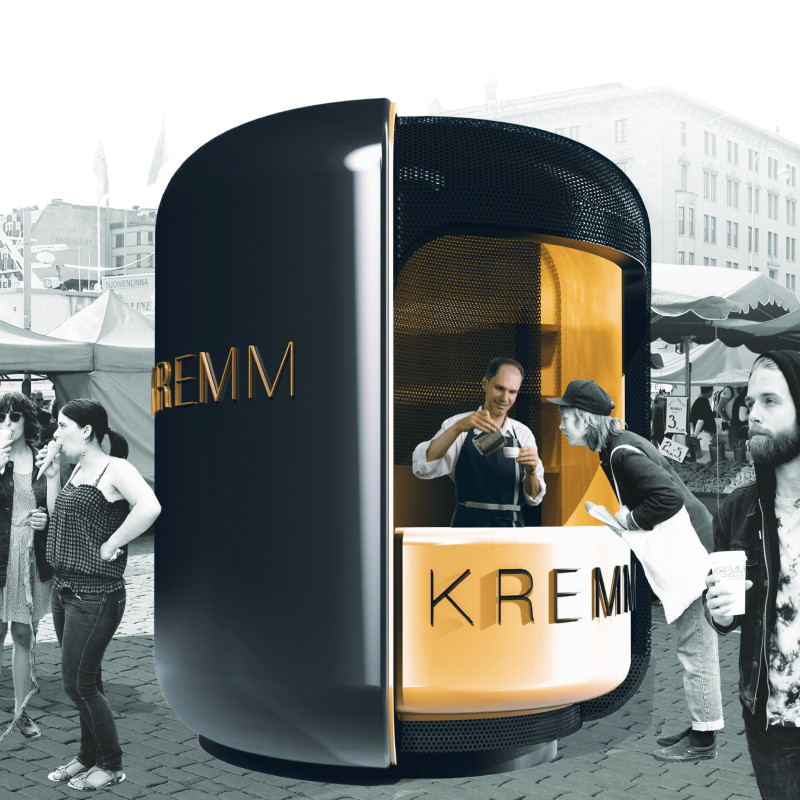 Steampunk Coffee Kiosk with Brass Accents and Transparent Design