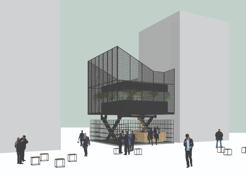 Elevated Community Space with Expanded Metal Facade and Natural Timber Elements