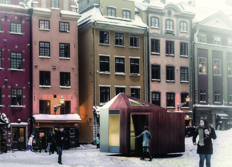 Brushed Aluminum and Laminated Wood Structure Enhancing Urban Coffee Experience