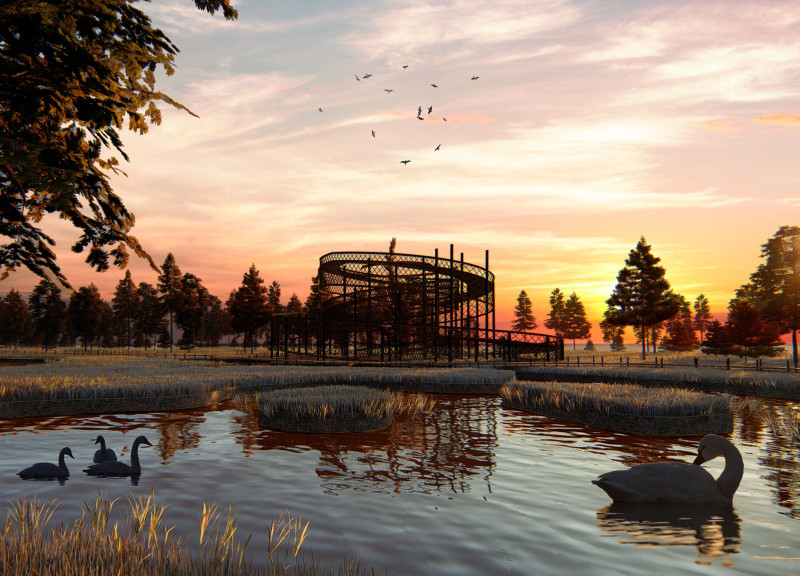 Spiral Platform Constructed of Charred Wood and Steel Overlooking Native Ecosystems