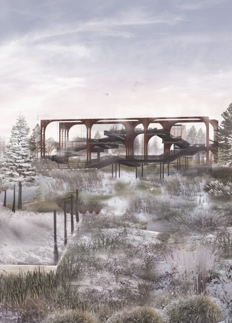 Corten Steel Observation Tower Integrating Walkable Wetlands and Native Flora