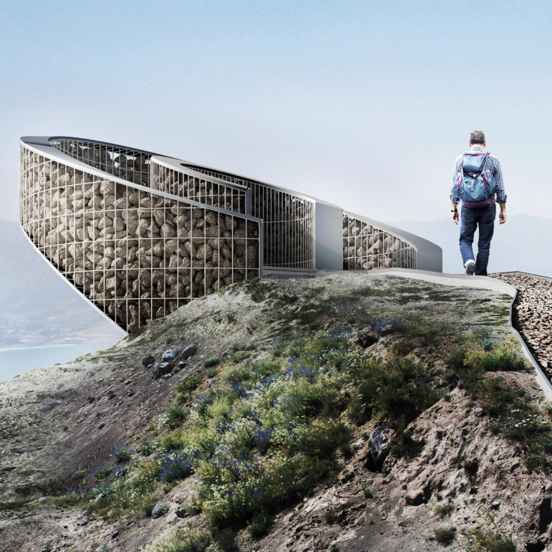 Crescent-Shaped Outlook with Steel Framework and Local Stones