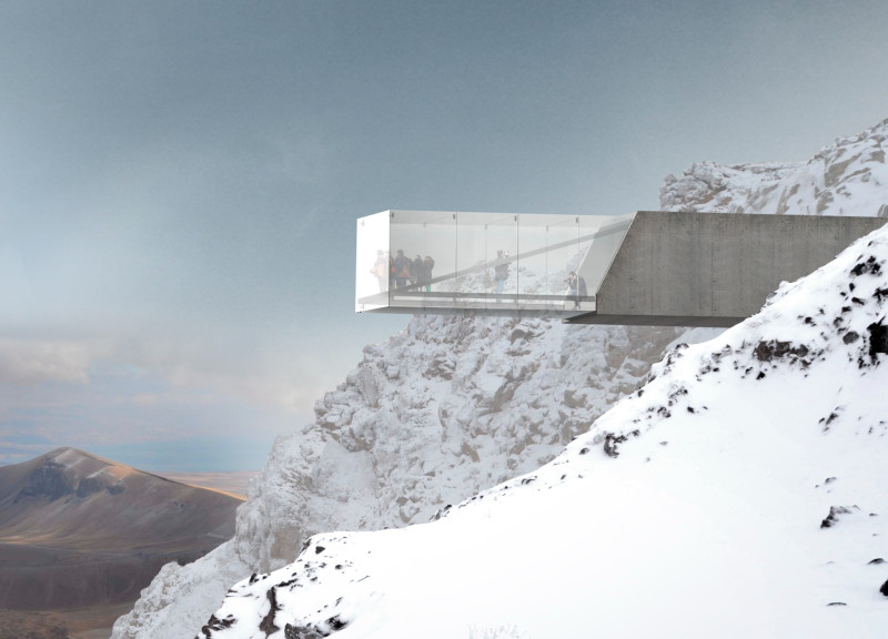 Suspended Glass Observation Platform with Reinforced Concrete Access Beneath Volcanic Landscape
