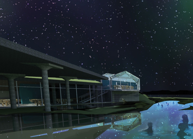 Floating Geothermal Bathhouses with Glass Walls and Sustainable Wooden Structures Overlooking Natural Landscapes