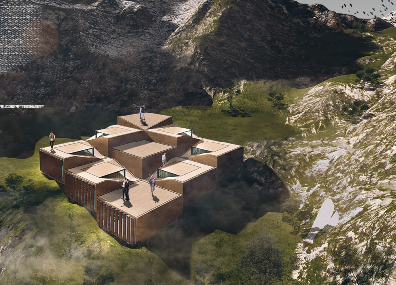 Thermal Wood Integration and Rainwater Management in a Community Space Overlooking Scenic Landscapes