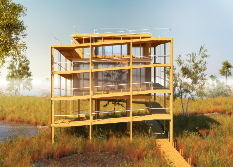 Transparent Polycarbonate Enclosure over Natural Timber Framework in an Accessible Observation Tower