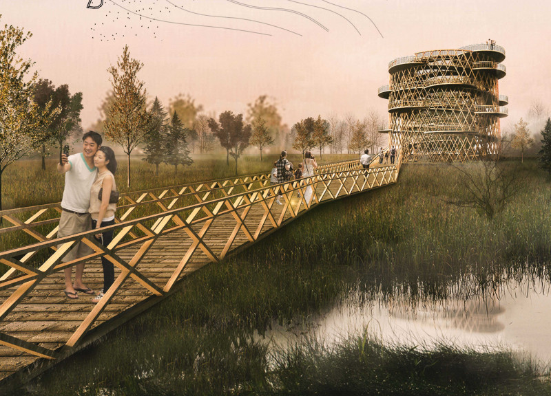 Spiral Structure of Charred Wood Shingles Integrating Natural Landscapes for Observation and Recreation