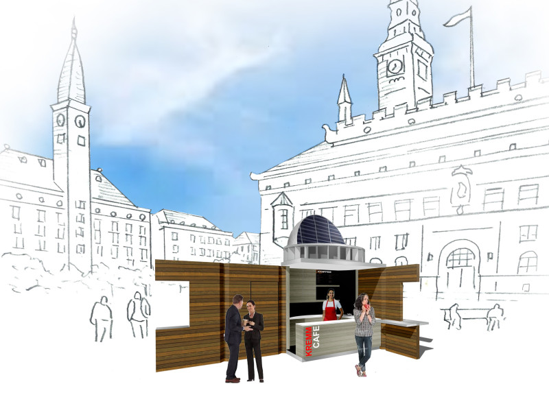 Rotating Solar Silo and Charred Wood Facade in a Compact Urban Coffee Kiosk