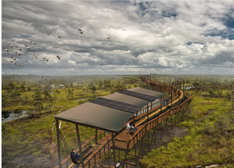 Elevated Walkway Crafted from Sustainable Spruce Integrating Solar Power Within Natural Landscape