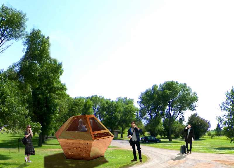Perforated Plywood Kiosk Offering Light Diffusion for Community Interaction