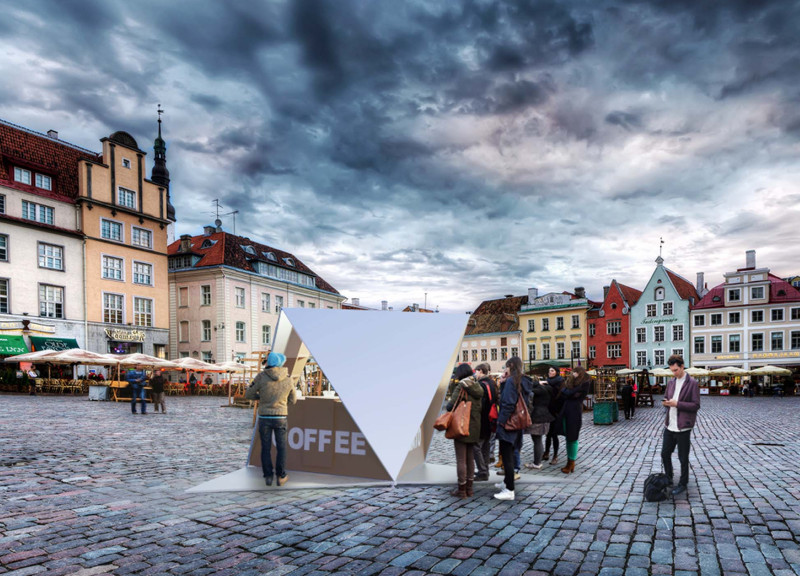 Dynamic Octahedral Kiosk Constructed with Wood Fibre Panels and Perforated Aluminium in Urban Spaces