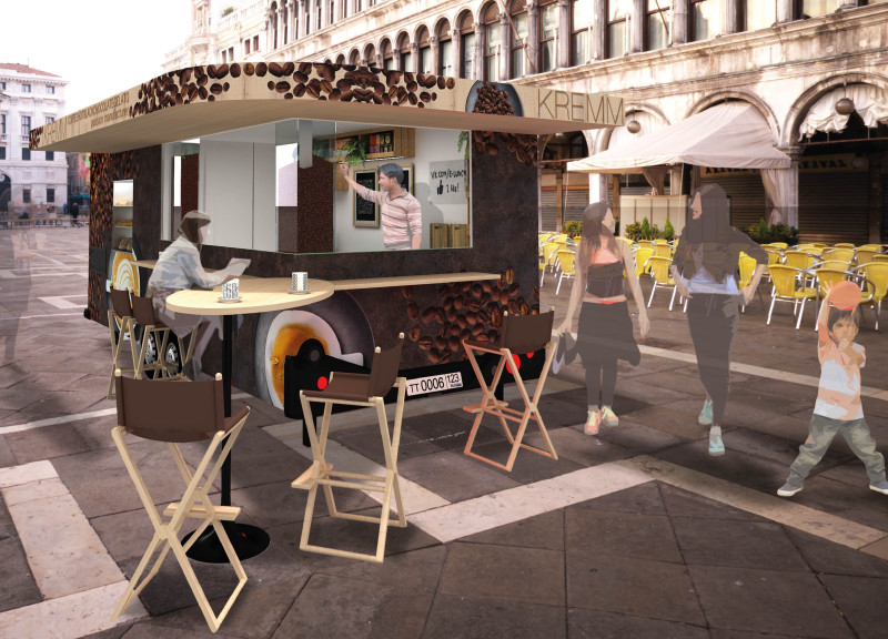 Graphic Facade Crafted from Plywood and Stainless Steel for Urban Coffee Experience