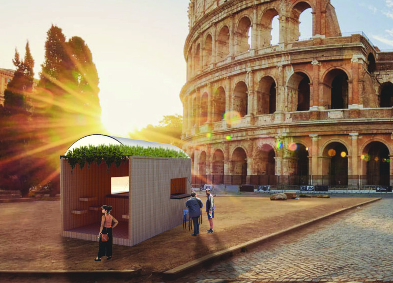 Green Roof Kiosk Featuring Plywood and Polycarbonate Design Enhancing Urban Engagement