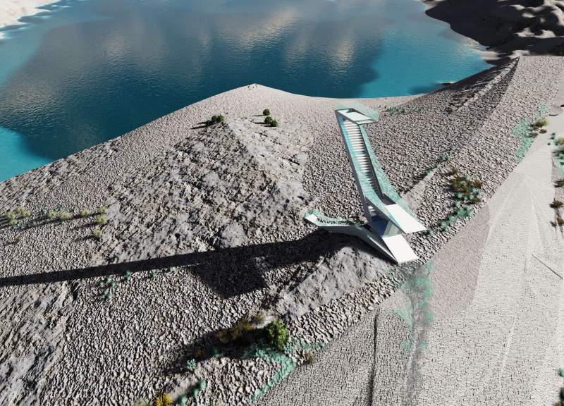 Etched Brass Viewing Tower Merging Concrete and Landscape in Volcanic Terrain