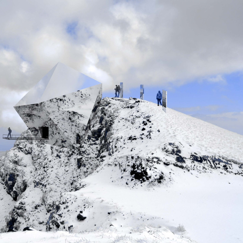 Faceted Steel Structure with Translucent Glass Panels Overlooking a Caldera Landscape