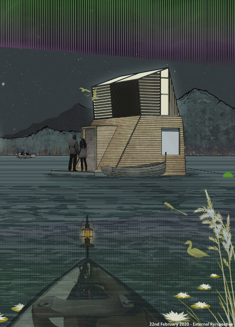 Floating Accommodations Crafted from Cross-Laminated Timber and Charred Wooden Shingles Integrated with Nature