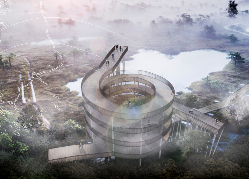 Corten Steel Railings and Tapered Timber Columns Frame an Accessible Spiral Observation Tower