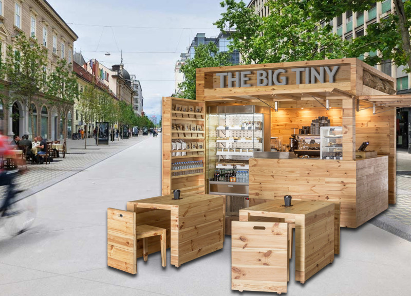 Recyclable Pine Structure with Stainless Steel Service for Urban Coffee Kiosk
