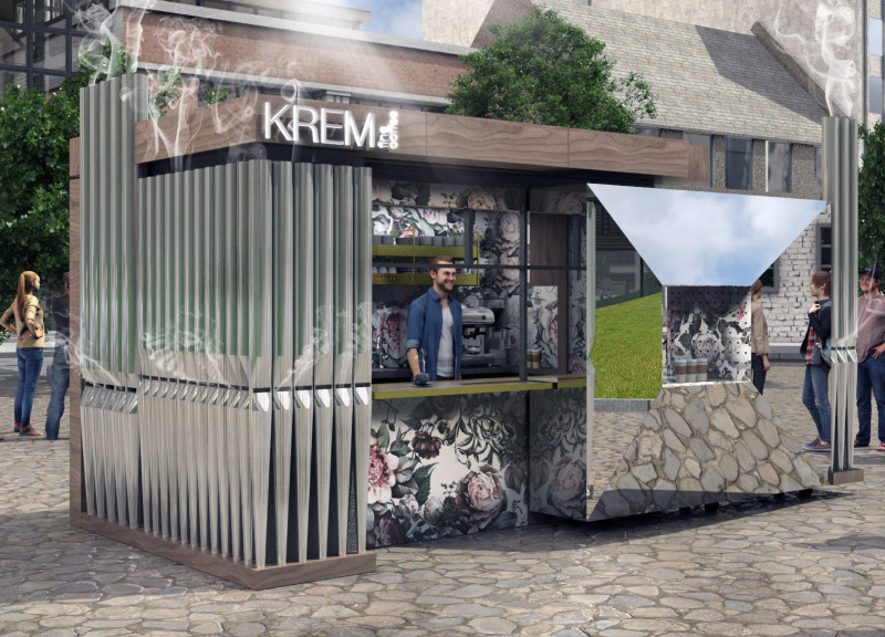 Mirrored Surfaces and Acoustic Pipes in a Compact Coffee Pavilion