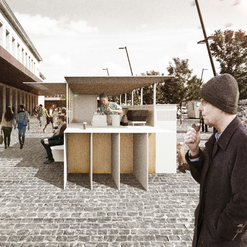 Retractable Shutters and Birch Plywood in a Compact Urban Café