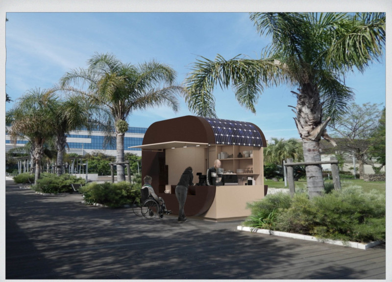 Floating Wood and Glass Walls in a Compact Kiosk with Chemical Toilet