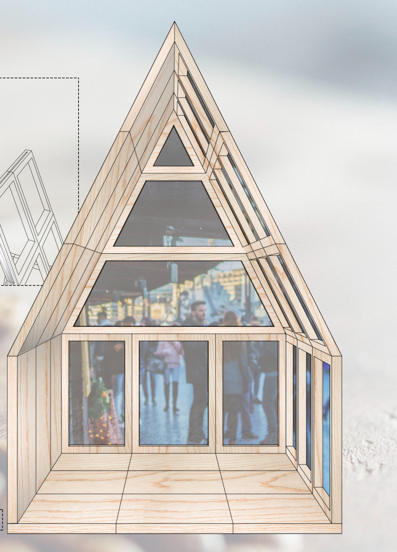 Sliding Panels and Wooden Frames in a Compact Coffee Kiosk