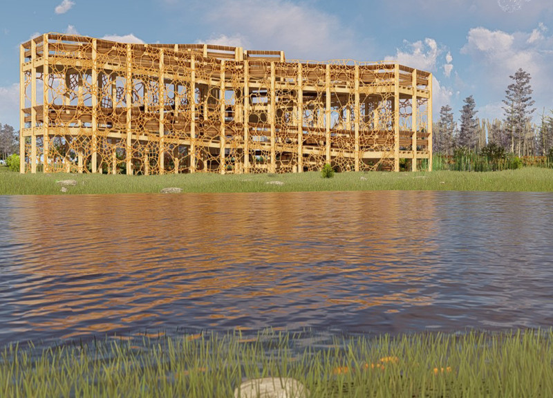 Birch Facade Tower Emphasizing Natural Materials and Observational Experience