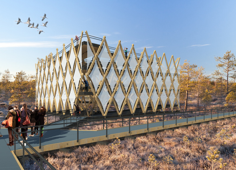 Triangular Pavilion Crafted from Glue Laminated Pine in Biodiverse Wetlands