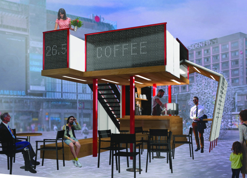 Back-Lit Corian Panels and Warm Wood Create a Community Coffee Kiosk