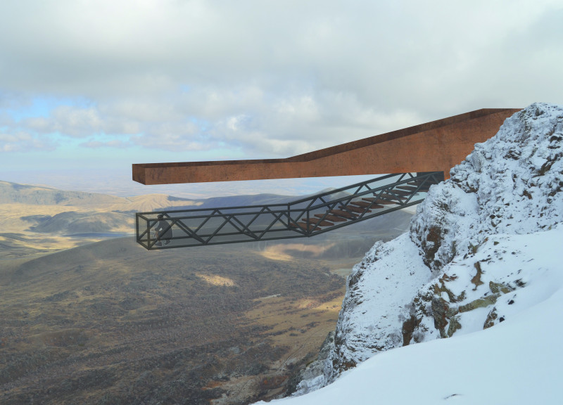 Corten Steel Pathway Leading to Geological Insights of the Volcano