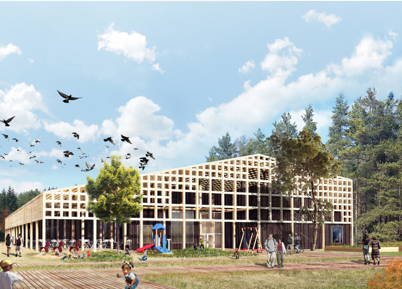 Bird Nesting Integration and Timber Pathways in a Nature Visitor Center