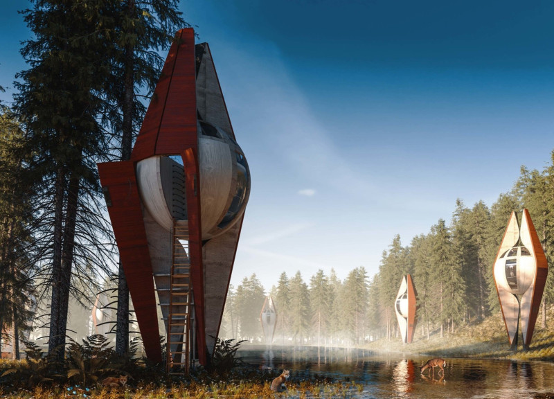 Bioluminescent Cabins of Birch Plywood in Forest Meditation Spaces