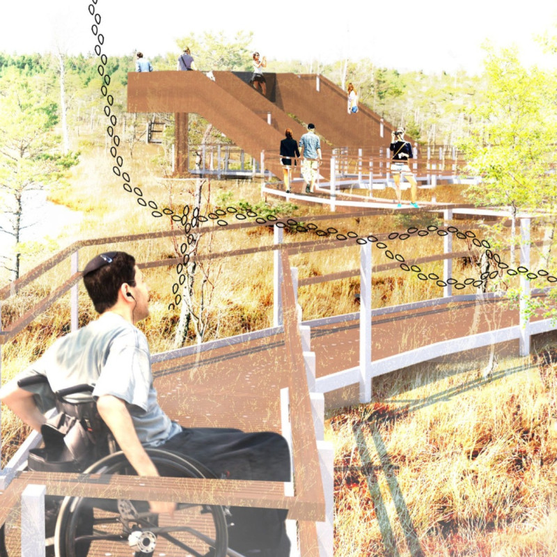 Floating Observation Tower Featuring Reclaimed Wood and Dimensional Lumber