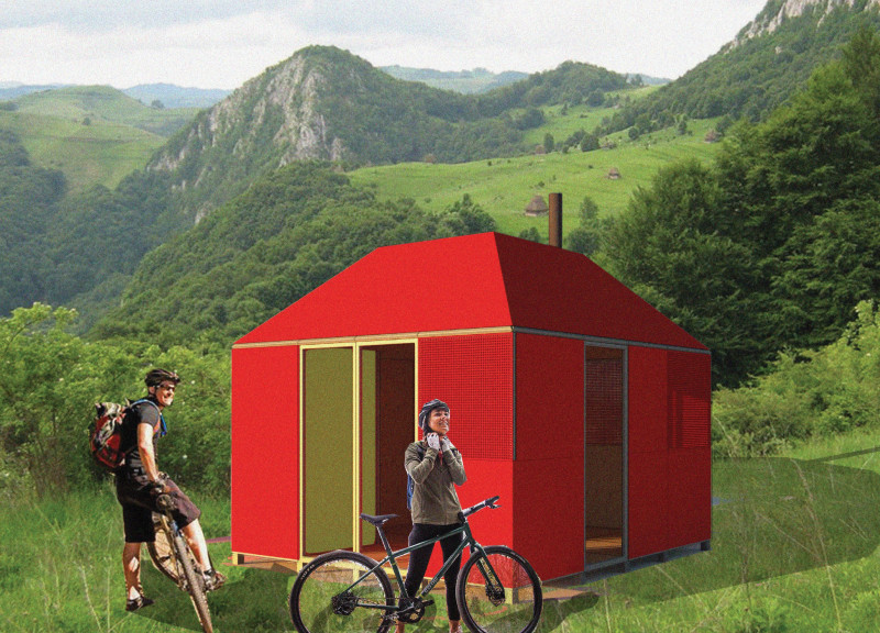 Red Metal Cladding with Plywood Interiors for Cyclists' Rest Along Mountain Routes