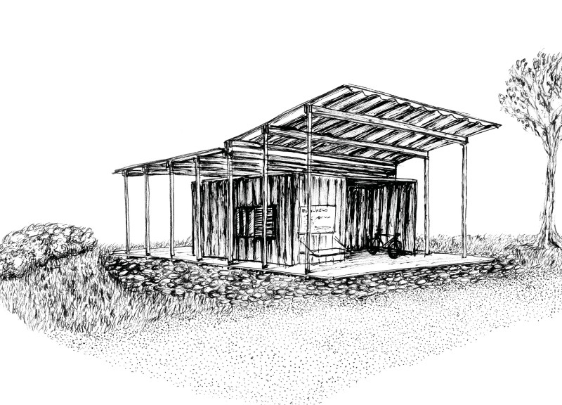Corrugated Roof and Plywood Structure Offering Community Shelter for Travelers