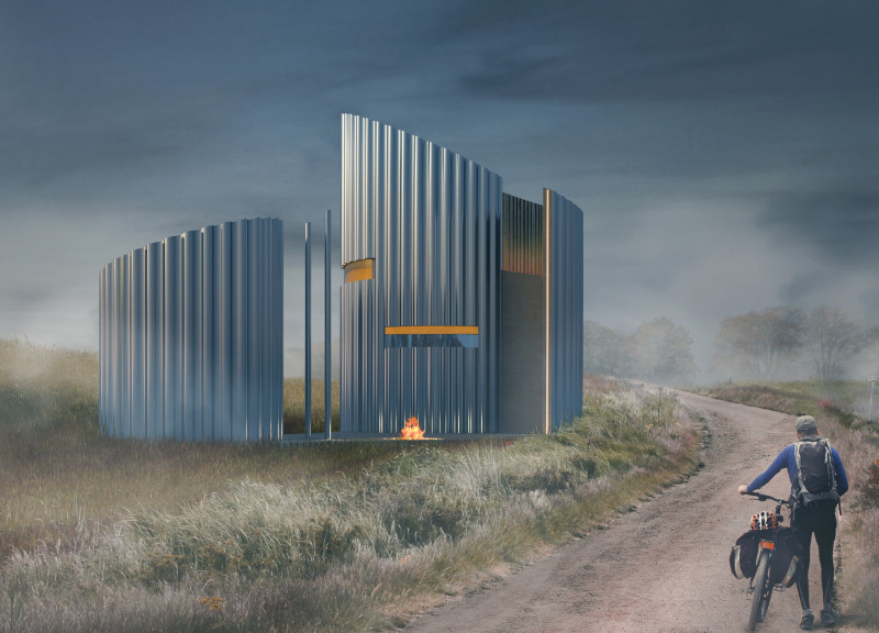 Curved Shelter Composed of Sandwich Panels with Panoramic Views for Cyclists