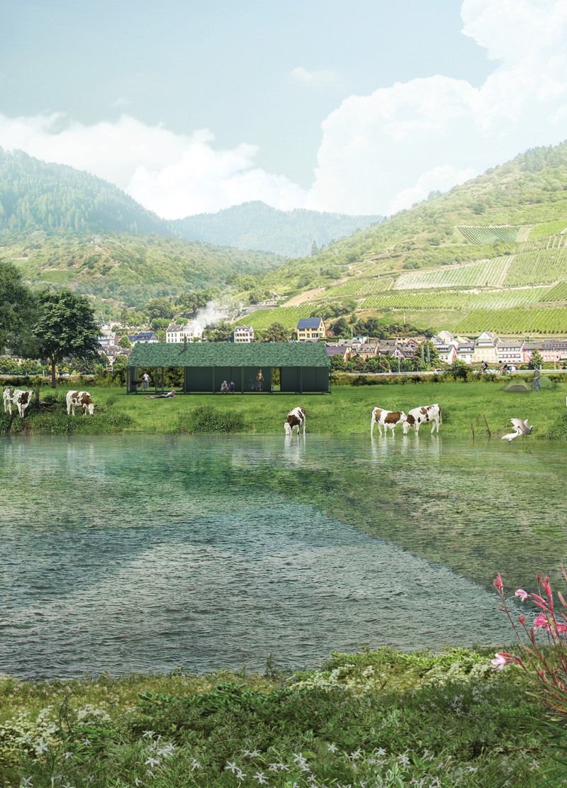 Timber Framework with Polycarbonate Facade Supporting Cyclists' Rest Areas