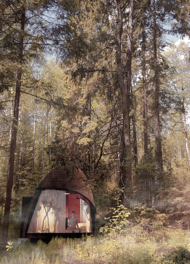 Curved Structure of Reclaimed Timber and Glass in a Forest Meditation Retreat