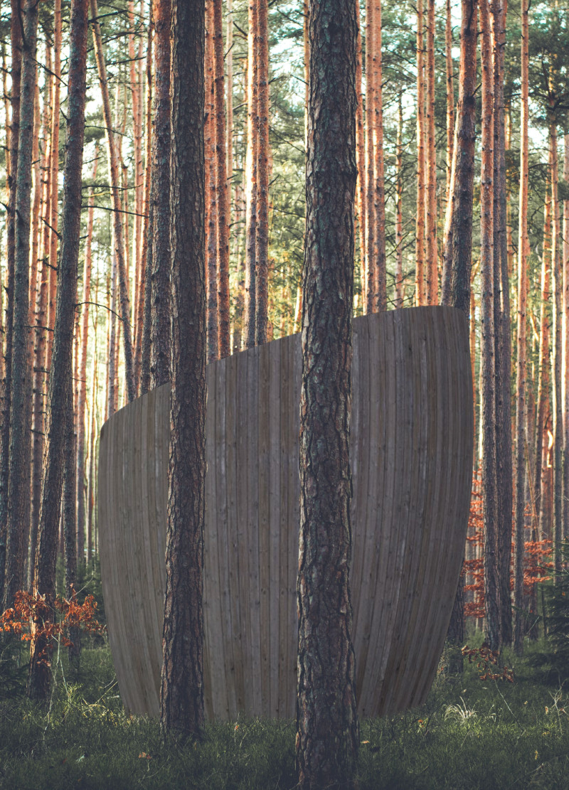Circular Cabin with Transparent Roof and Solid Wood Columns