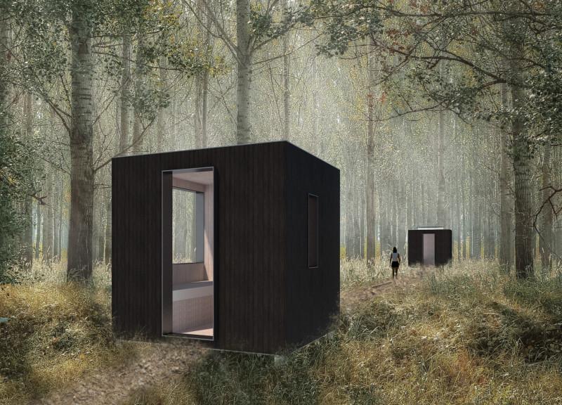 Charred Wood Retreat with Circular Bench and Integrated Meditation Spaces