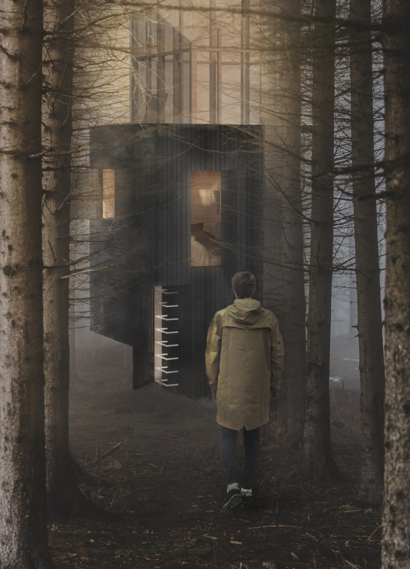 Carbonized Wood Cube Serving as Forest Meditation Shelter