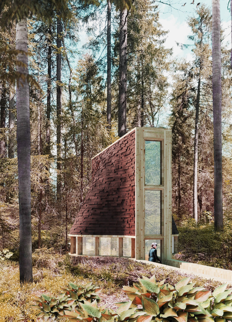Earth-Integrated Cabin with Stone Aggregates and Spruce Elements