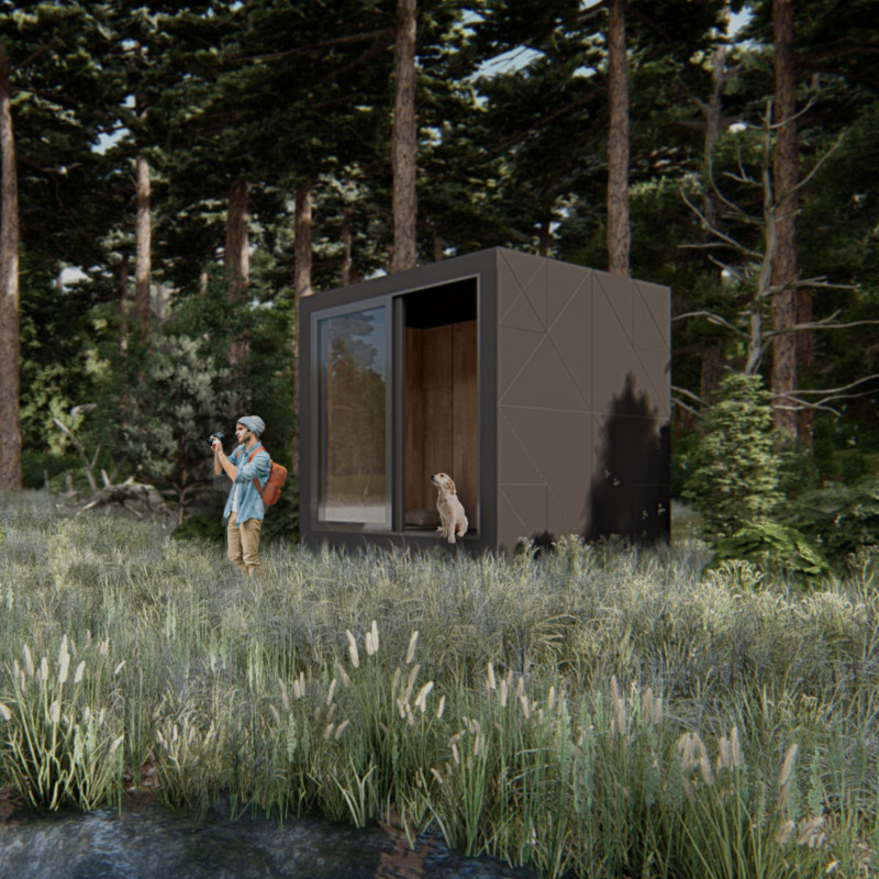 Cubic Retreat Crafted from Wood with Geo Screw Foundations