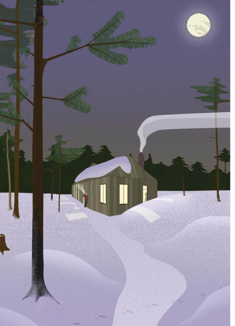 Light-Infused Café with Sloped Roof and Wooden Beams in Natural Landscape