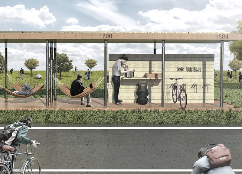 Cloth Partitions and Stainless Steel Columns Shaping Flexible Rest Stops Along Eurovelo Paths