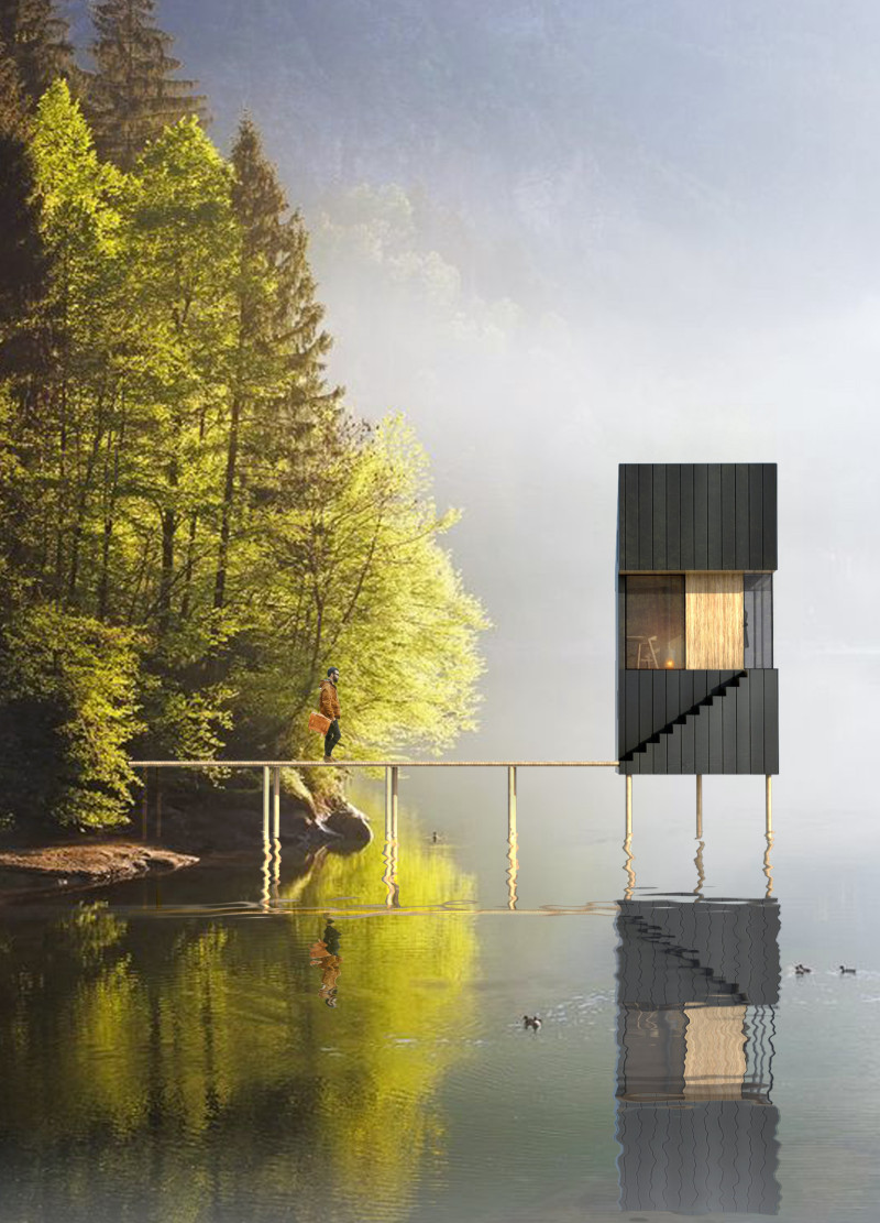 Wooden Retreat with Sloping Roof in Tranquil Natural Setting