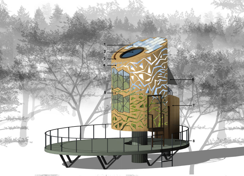 Cylindrical Retreat with Mirror Cladding and Biogas Energy Solutions