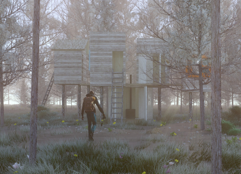 Elevated Mini Spaces with Timber Planks and Colorful Windows