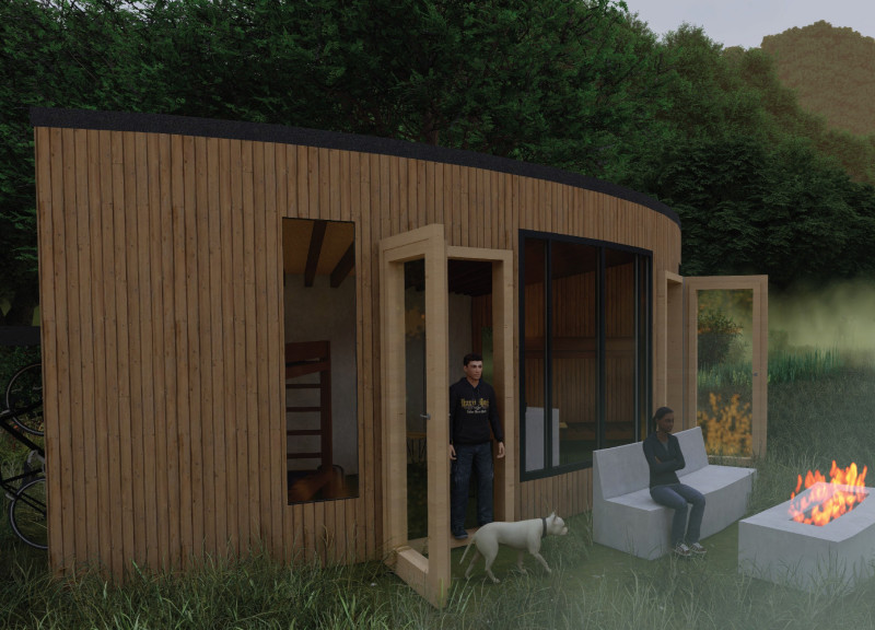 Curved Bamboo Shelter Featuring Recycled Wood and Natural Views