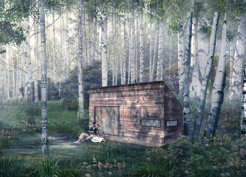 Birch-Bark Shelter with Thatch Insulation in a Forest Retreat